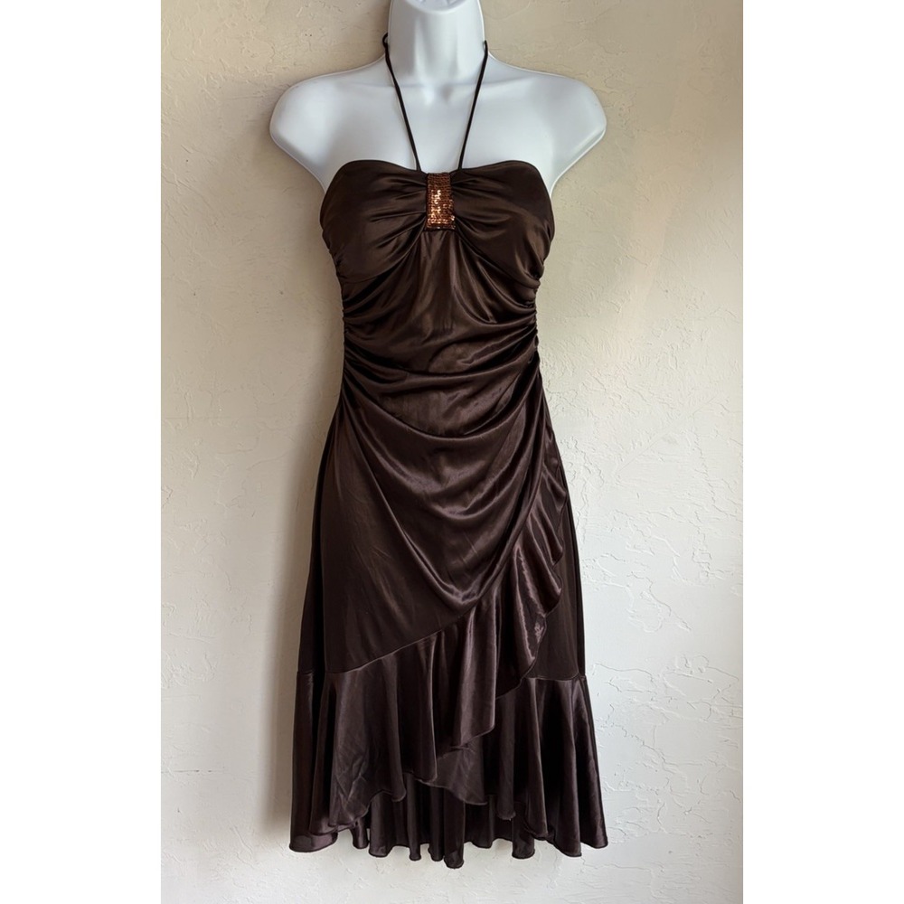 Vintage 90s Y2K Brown Satin Halter Midi Ruffle Dress XS S Fairy Grunge Sequin